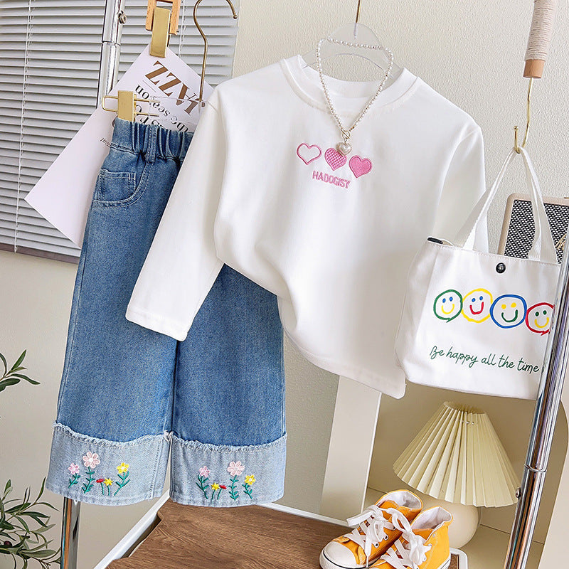 Sweet Girl's Love Bottoming Shirt Denim Wide-leg Pants Two-piece Set