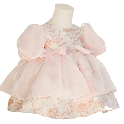 Elegant Baby Pink Puff Sleeve Princess Dresses for Girls Toddler Birthday Costume Princess Dress