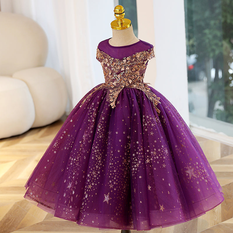 Toddler Ball Gowns Girl Summer Princess Dress Purple Sequin Fluffy Dress