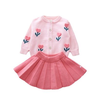 Lovely Girls Winter Sweater Flower Dress Children's Two-piece Dress