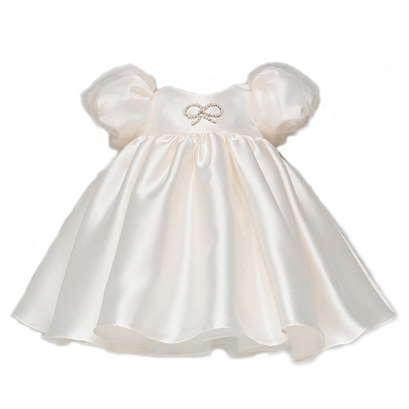 Elegant Baby Girls White Satin Puff Princess Dress Toddler Communion Dress