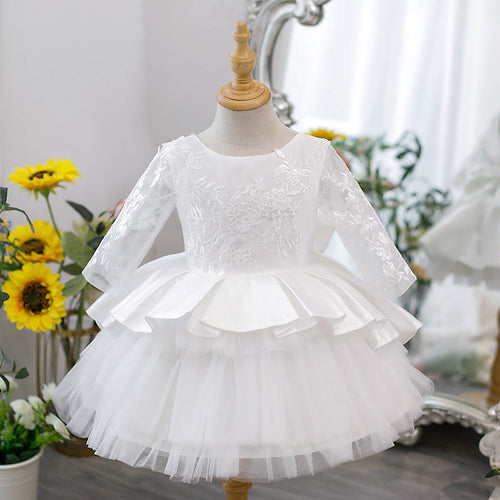 Elegant Baby Girls Patterned Lace White Princess Dress Toddler One Year Old Dress Puff Dress