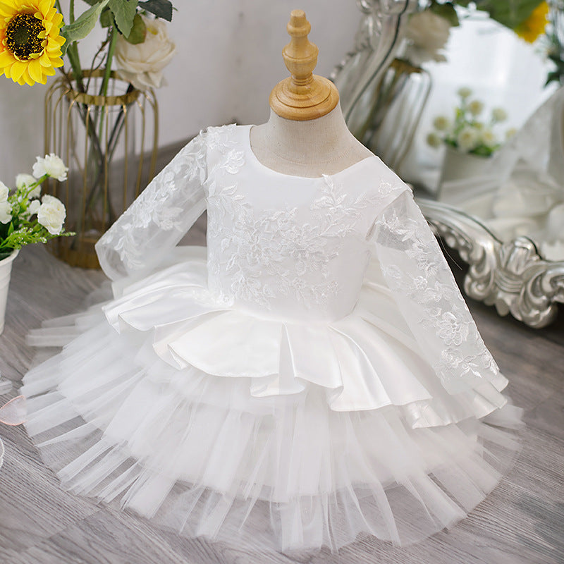 Elegant Baby Girls Patterned Lace White Princess Dress Toddler One Year Old Dress Puff Dress