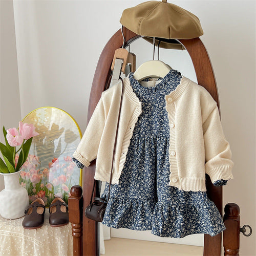 Sweet Girls' Knitted Sweater Cardigan Floral Dress Two-piece Set