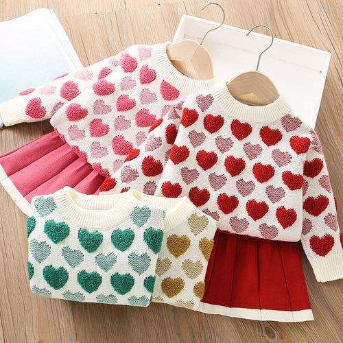 Grain Fleece Heart Knitted Pullover Two-piece Set