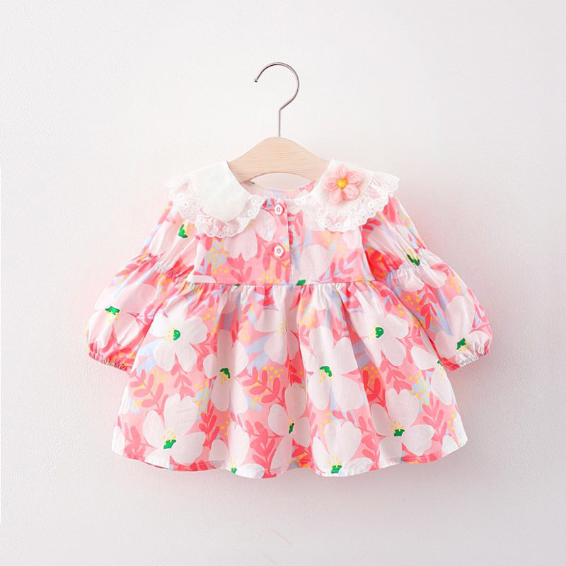 Sweet Baby Girl Long Sleeve Doll Collar Printed Dress