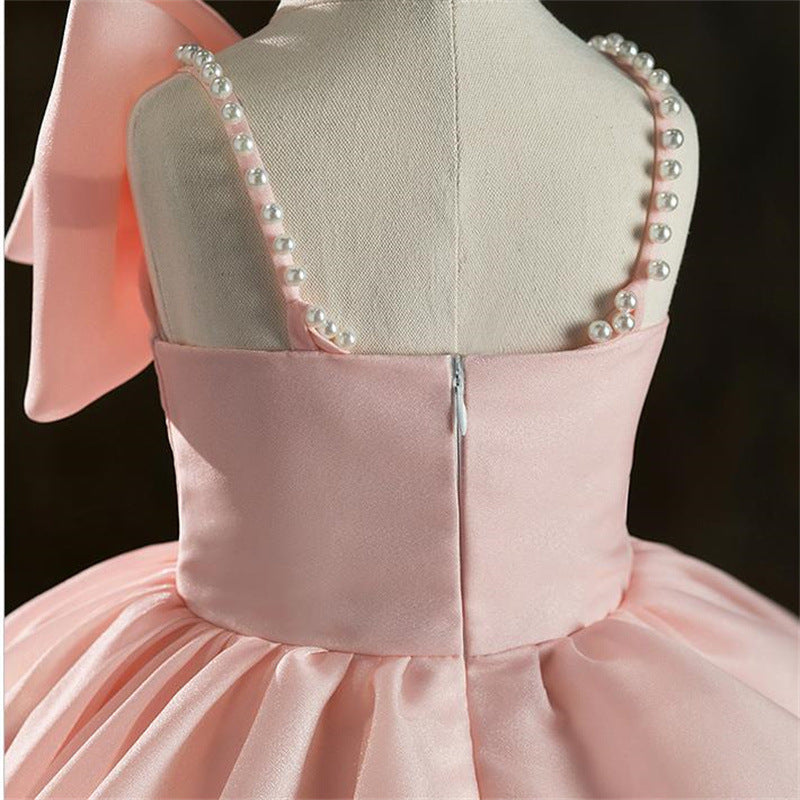 Elegant Baby Girls Pink Bow Pearl Strap Puffy Girls Christening Dress Toddler Beauty Pageant Dressess