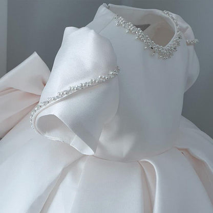 Elegant Baby Girls White Round Neck First Birthday Dress Toddler Birthday First Communion Dress