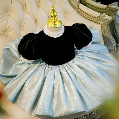 Sweet Baby Girls Black and Blue Puff Sleeve Backless Bow Princess Dress Toddler Ball Gowns