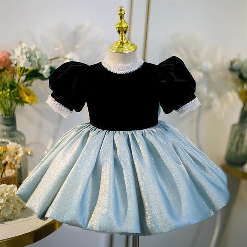 Sweet Baby Girls Black and Blue Puff Sleeve Backless Bow Princess Dress Toddler Ball Gowns