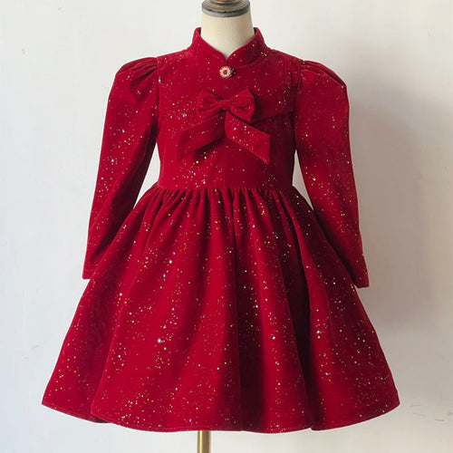 Elegant Baby Girls Burgundy Glitter Bow Princess Dress Toddler Catwalk Performance Dress