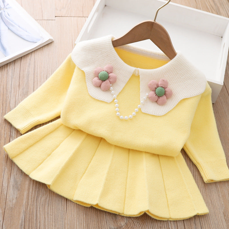 Girls Knitted Dress Necklace Neck Sweater Two-piece Set