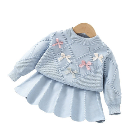 Floral Long-sleeved Knitted Pullover Two-piece Suit