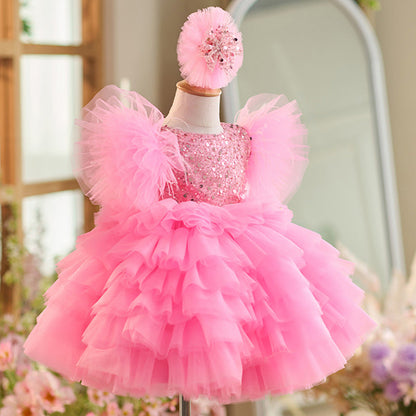 Elegant Girls Fluffy Sequined Dress Toddler Birthday Princess Dress