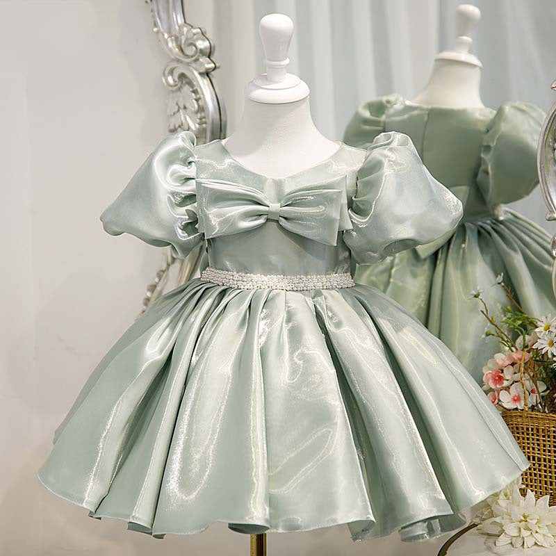 Sweet Baby Girl Mint Green Bow Puff Sleeve Princess Dress Toddler Evening Gown