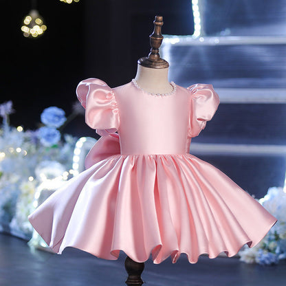 Sweet Baby Girls Pink Puff Sleeve Pleated Princess Dress Toddler Flower Girl Dresses