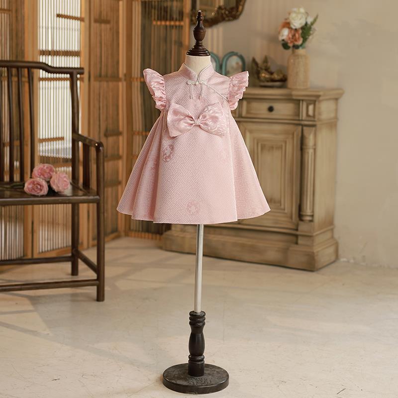 Sweet Baby Pink Buttoned Bow Baby Romper Baby's First Birthday Dress