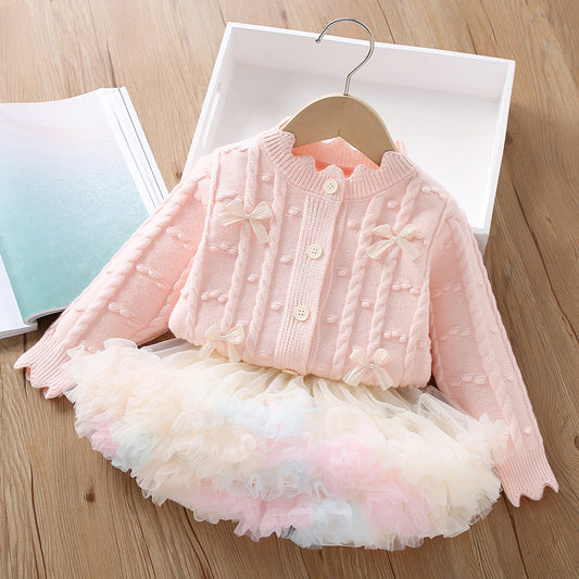 Girls Knitted Cardigan Tutu Dress Two Piece Set