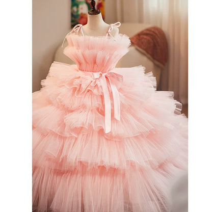 Pink Girls Dress with Train Christmas Flower Girl Dress