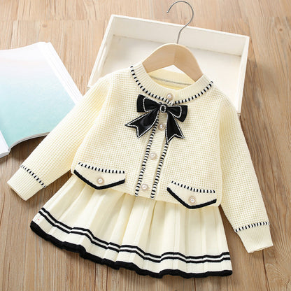 Girls Knitted Long-sleeved Bow Sweater Two-piece Set