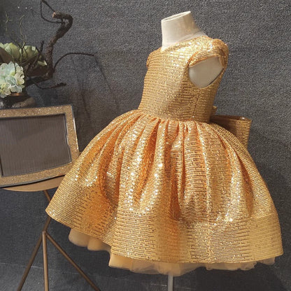 Elegant Baby Girl Gold Sequin Dress  Toddler First Communion Princess Dress