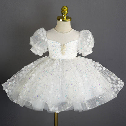 Elegant Baby White Sequined Mesh Puffy Princess Dress Toddler Christening Dresses