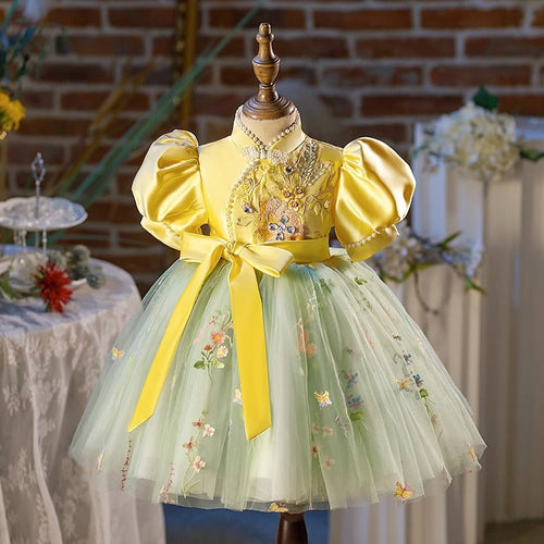 Elegant Baby Girl Chinese Puff Sleeve Puffy Dress Toddler Girl Party Dresses