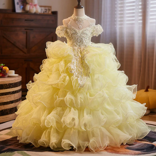 Girls Pageant Dresses Children's Yellow Sequined Princess Dress