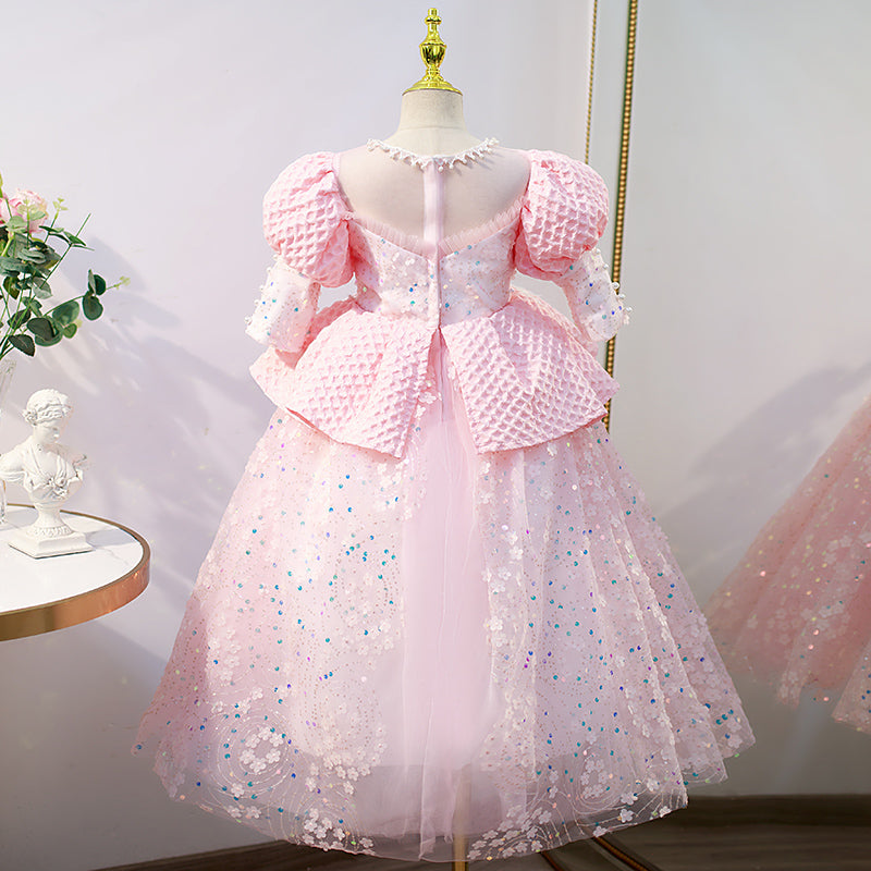 Flower Girl Dress Children Communion Pageant Elegant Cute Sequins Pink Princess Party Dress