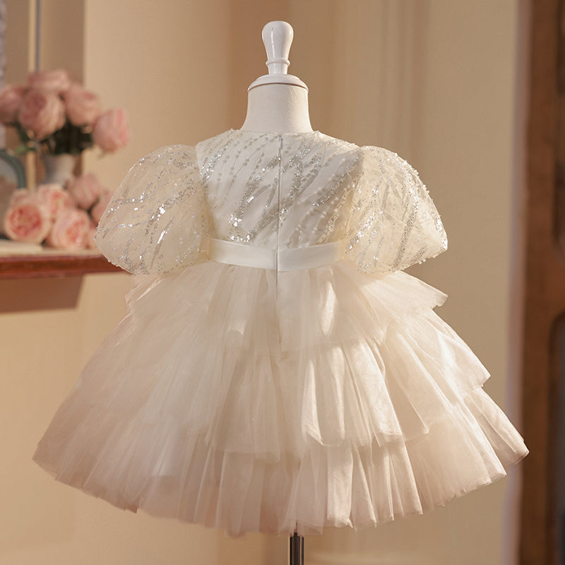 Flower Girl Dress Toddler Puff Sleeves Bow Sequin Mesh Fluffy Princess Dress