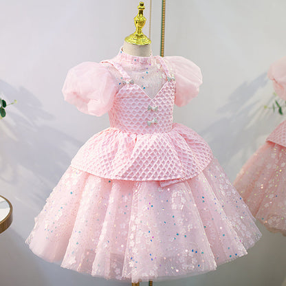 Flower Girl Dress Children Easter Princess Summer Pink Sequin Puff Sleeves Cake Dress