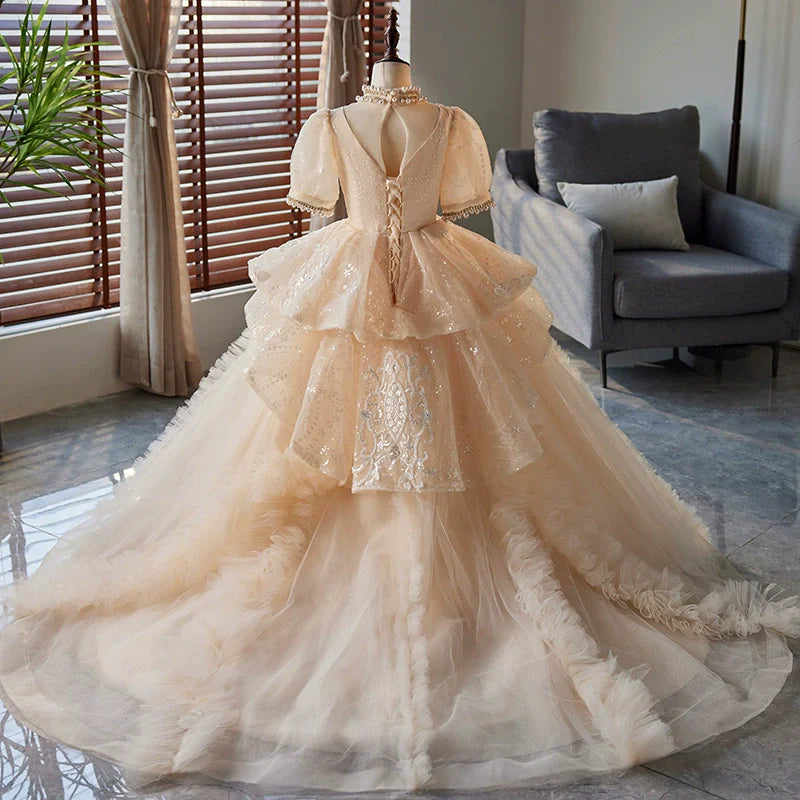 Elegant Baby Girls Champagne Puff Sleeve Patterned Mesh Puffy Tail Princess Dress Toddler First Christening Dress