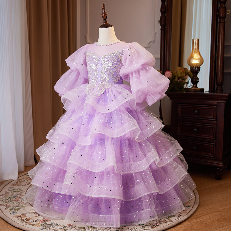 Flower Girl Dress Children Easter Dress Party Dress Purple Sequins Puffy Princess Communion Dress