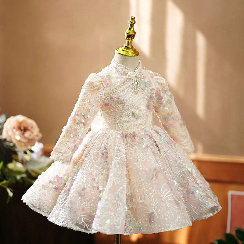 Sweet Baby Girls Long Sleeve Sequin Floral Princess Dress Toddler Prom Dress