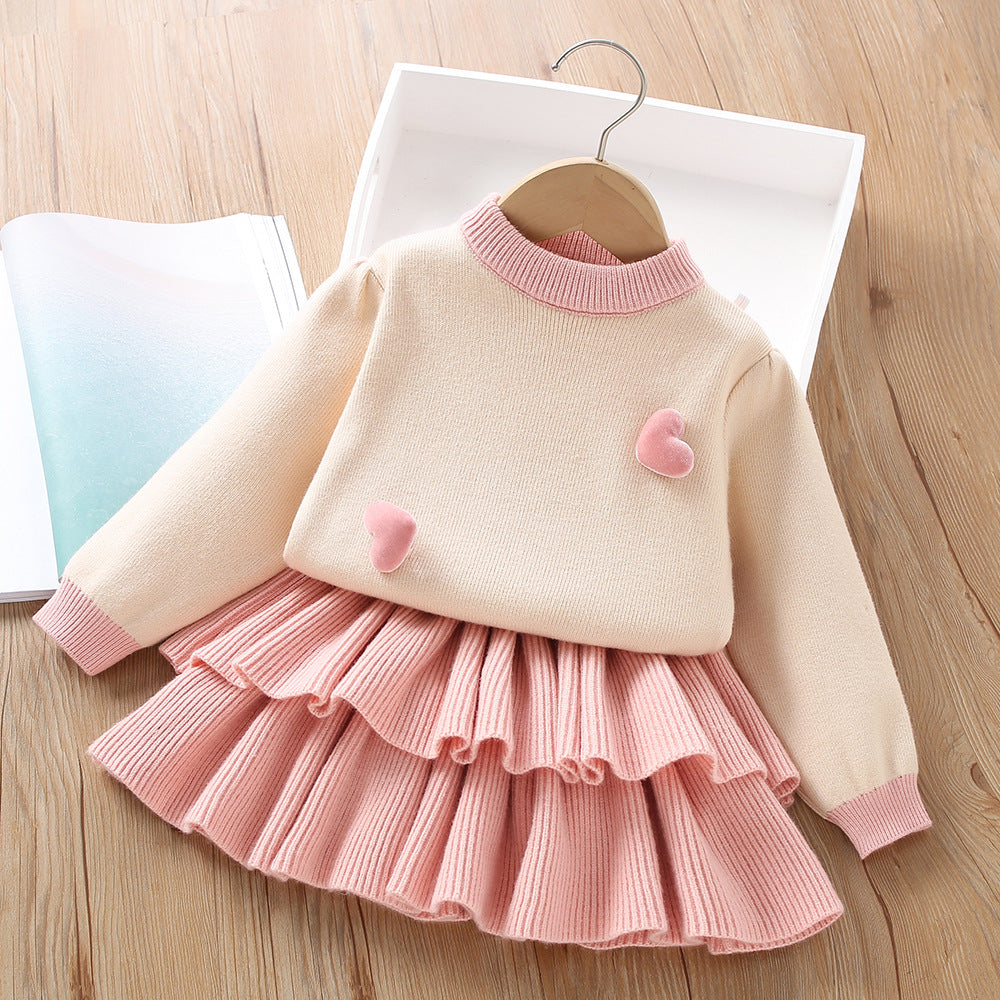 Solid Color Heart Knitted Long-sleeved Cake Skirt Two-piece Set