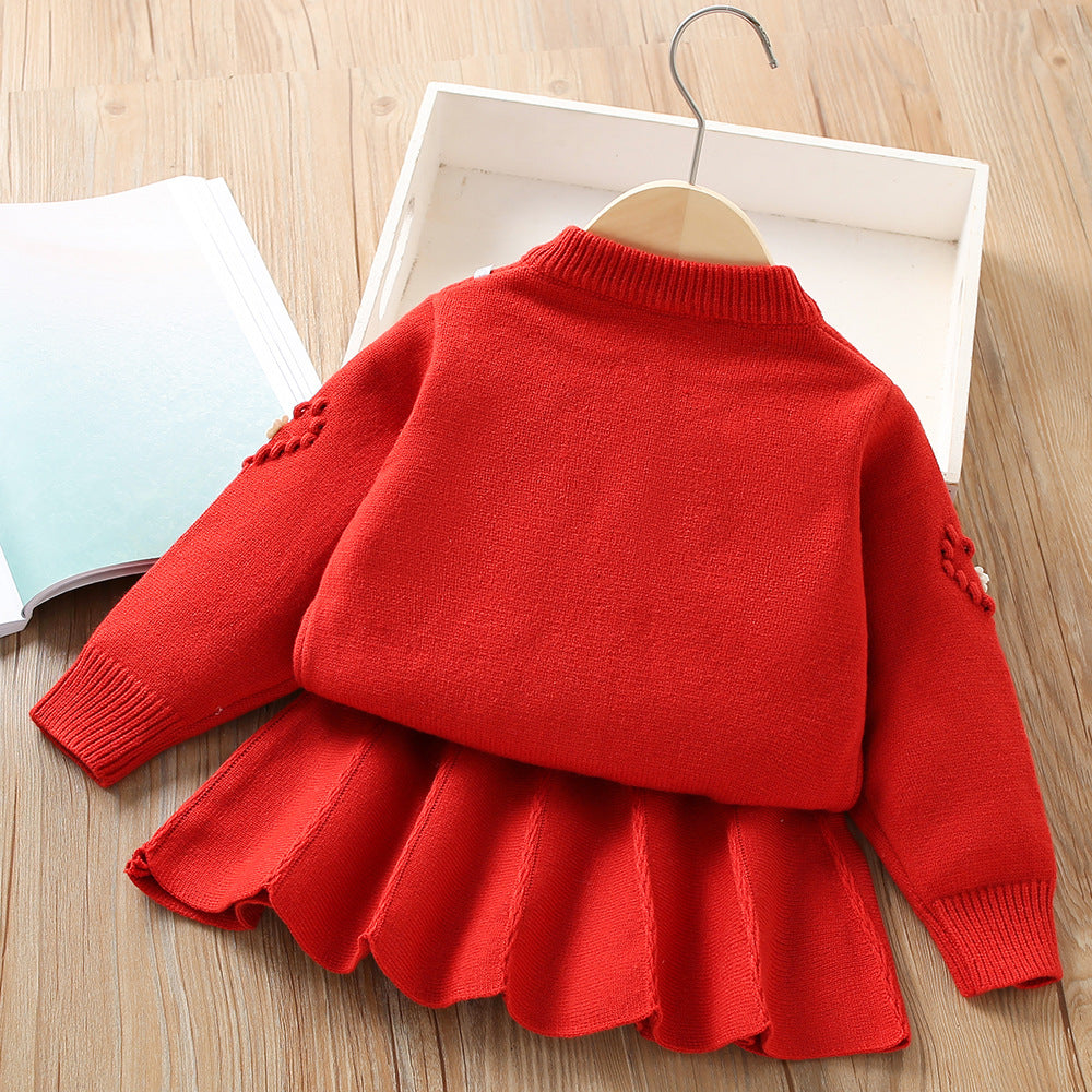 Girls Solid Color Sweater Knitted Princess Two Piece Set