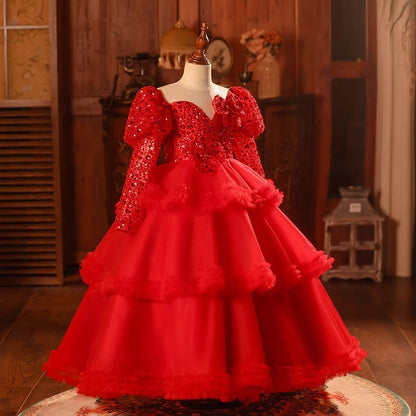 Elegant Baby Girls Red Long Puff Sleeve Mesh Dress Toddler Sequin Birthday Costume Princess Dress