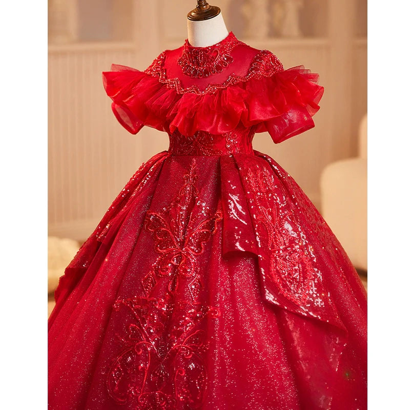 Red Girls Dress Children's Wedding Dress Puffy Princess Dress