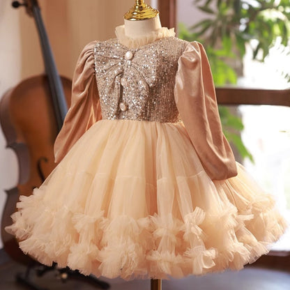 Elegant Baby Girls Gold Sequin Puff Ball Gowns Toddler Girl Party Dresses