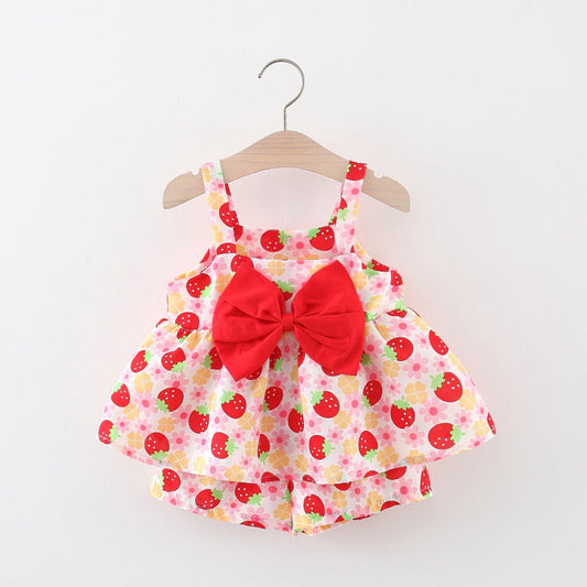 Summer Baby Girl Strawberry Print Bow-knot Suspender Suit