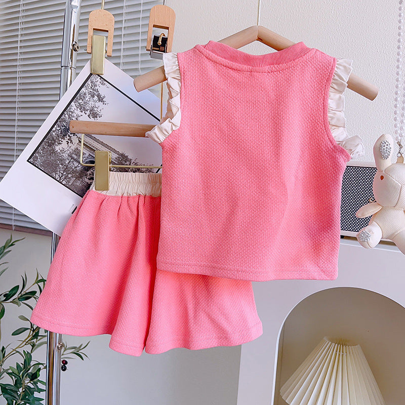 Girls Pink Love Sleeveless Short-sleeved Casual Shorts Two-piece Set