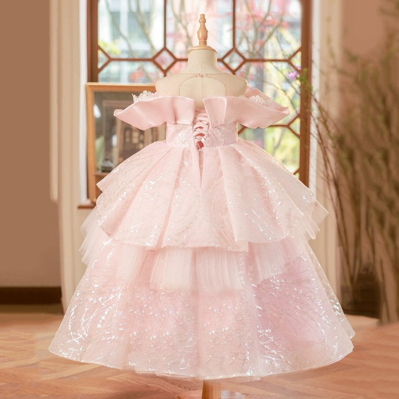 Elegant Baby Pink Mesh Sequin Puff Dress Toddler Girl Formal Dresses