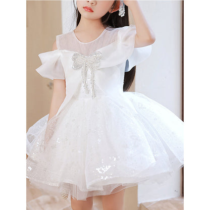 Little Girl Dress Toddler Ball Gowns White Sequins Bow Strapless Princess Baptism Dress