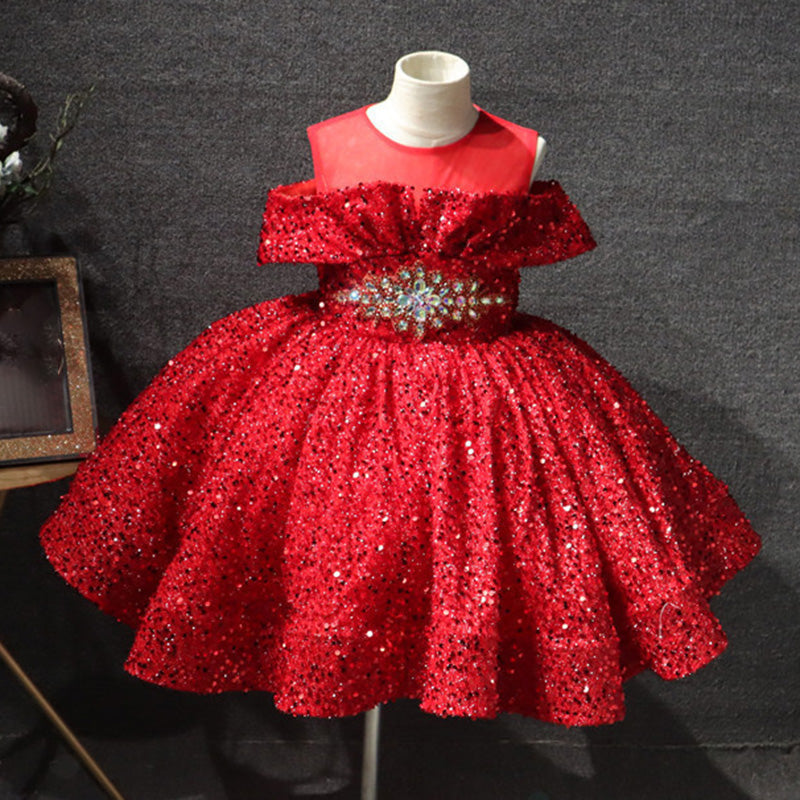 Girl Formal Dresses Cute Beauty Pageant Sequins Long Sleeve Princess Dresses