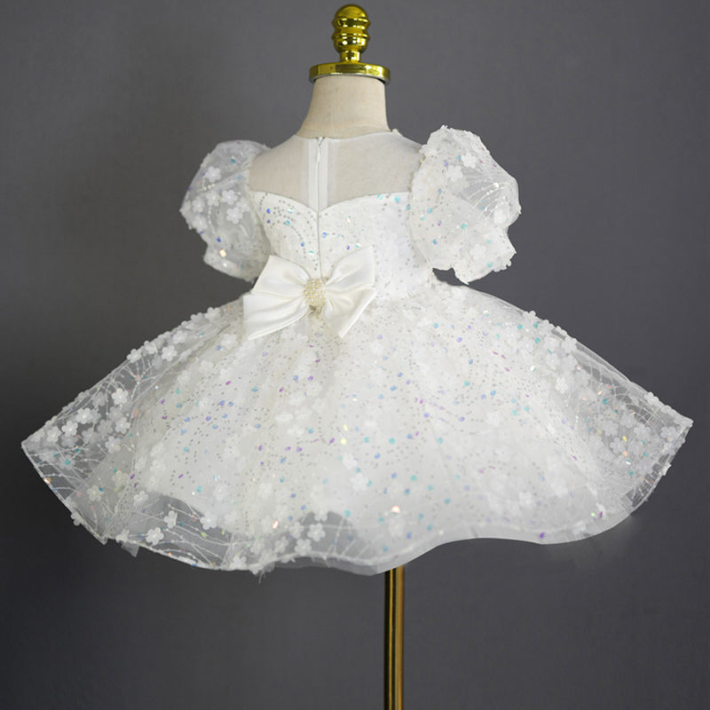 Elegant Baby White Sequined Mesh Puffy Princess Dress Toddler Christening Dresses