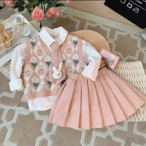 Rabbit Vest White Shirt Solid Color Pleated Skirt Three-piece Set