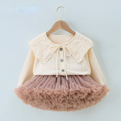 Sweet Baby Girl’s Preppy Style Doll Collar Cardigan and Puffy Skirt Two-piece Set