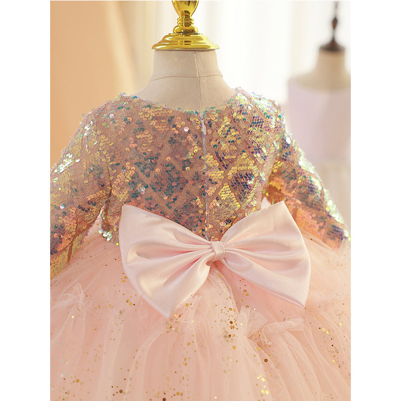 Toddler Prom Dress Girl Princess Dress Autumn Sequin Bowknot Long Sleeve Party Dress