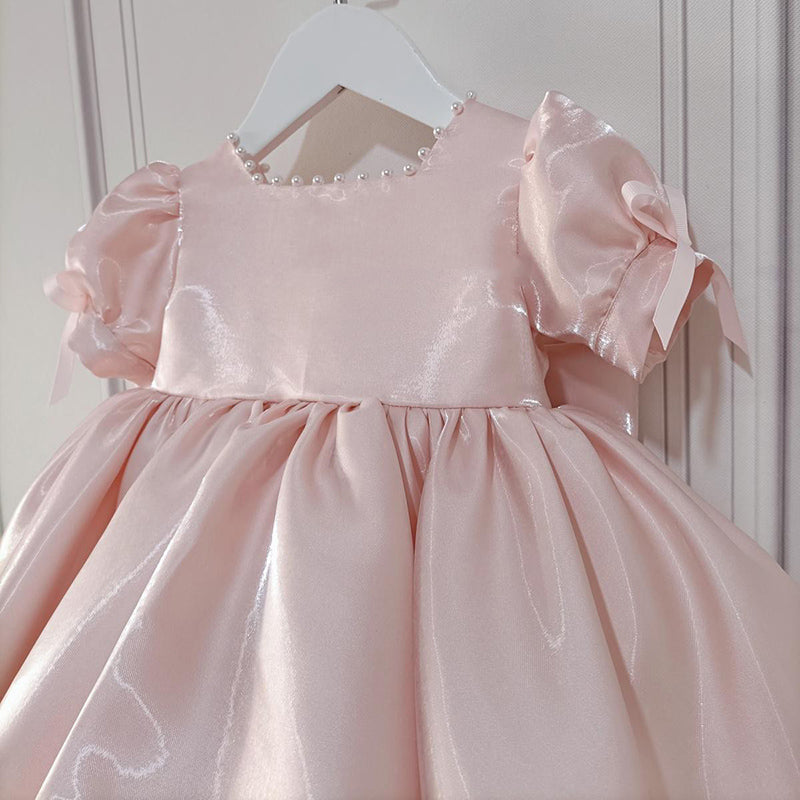 Elegant Baby Girls Dress Satin Pink Tutu Christening Dress Toddler Birthday Party Princess Dress