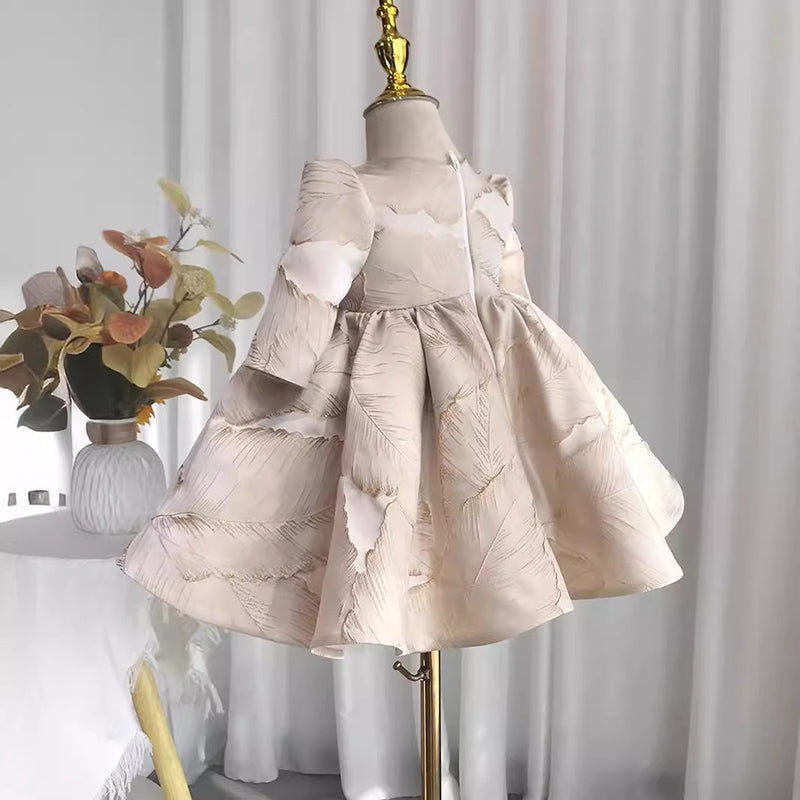 Elegant Baby One Year Old Long-sleeved Printed Satin Princess Dress Toddler's First Christening Dress